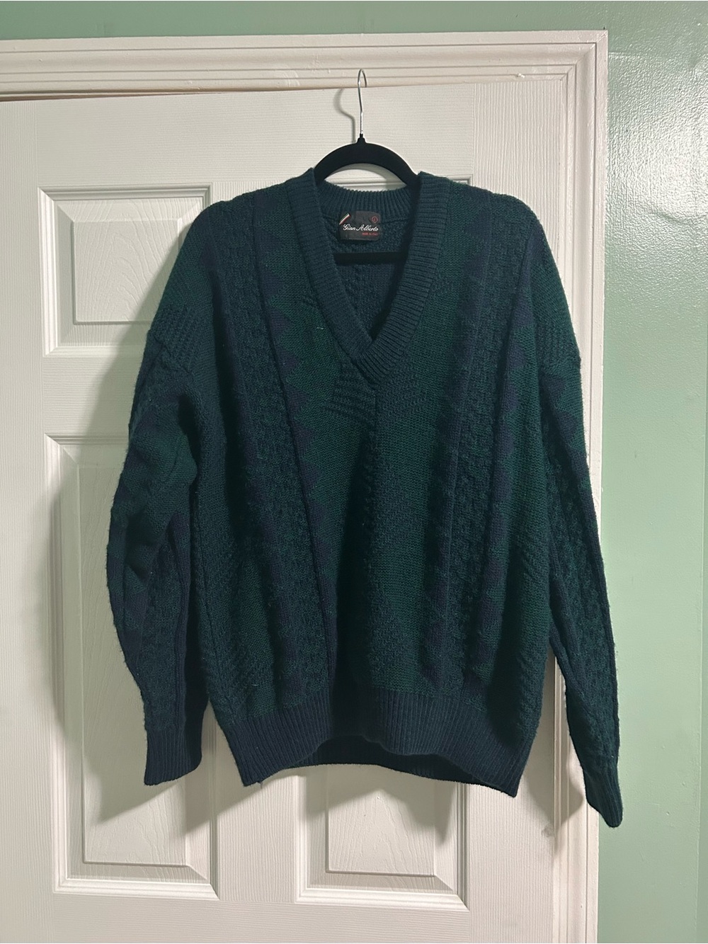 MADE IN ITALY Gian Alberto Deep Green and navy V-Neck Cable Knit Sweater